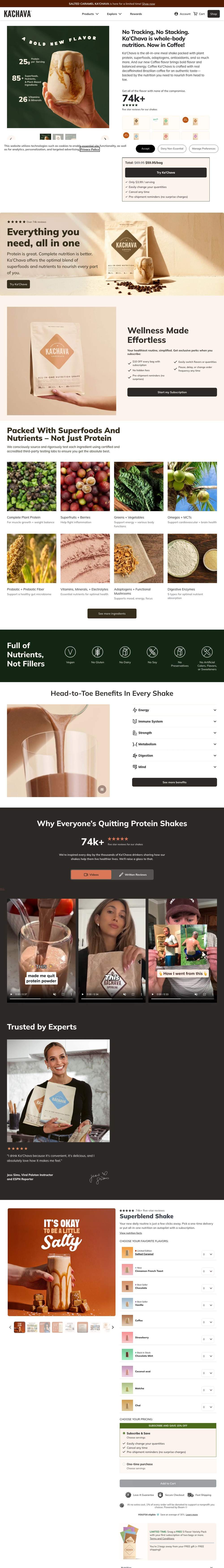 Ka'Chava landing page: No Tracking, No Stacking. Ka’Chava is whole-body nutrition. Now in Coffee!
