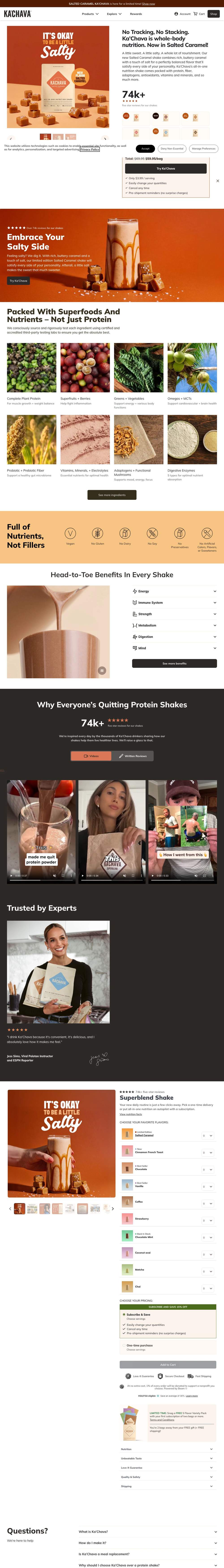 Ka'Chava landing page: No Tracking, No Stacking. Ka’Chava is whole-body nutrition. Now in Salted Caramel!