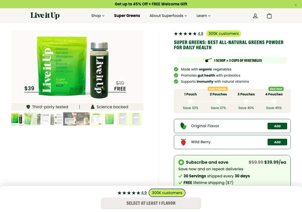 Live it Up landing page: SUPER GREENS: BEST ALL-NATURAL GREENS POWDER FOR DAILY HEALTH