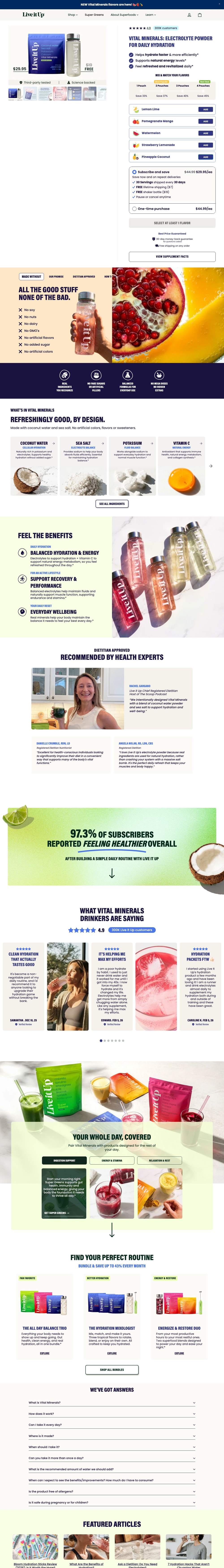 Live it Up landing page: VITAL MINERALS: ELECTROLYTE POWDER FOR DAILY HYDRATION