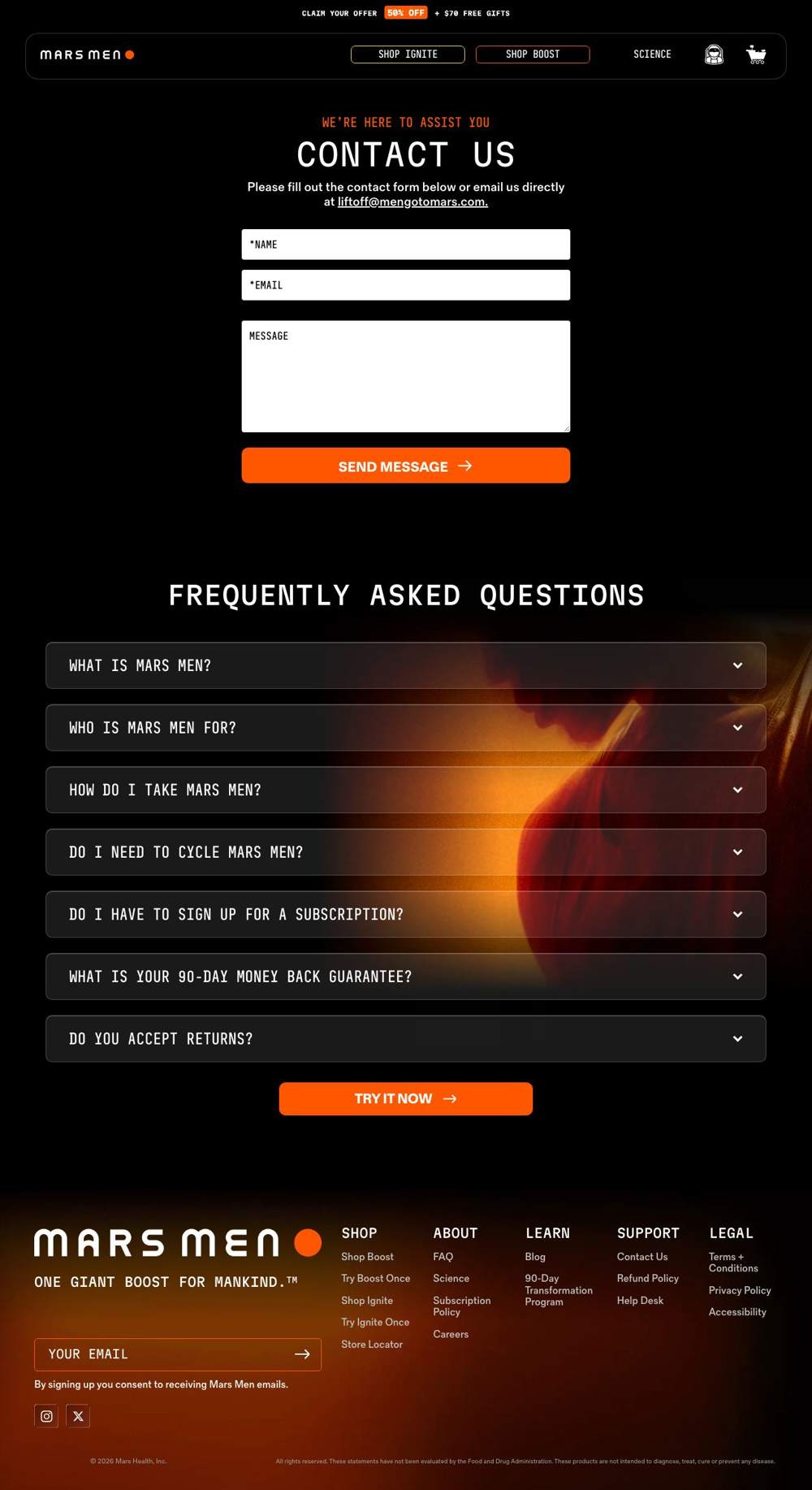 Mars Men landing page: CONTACT US