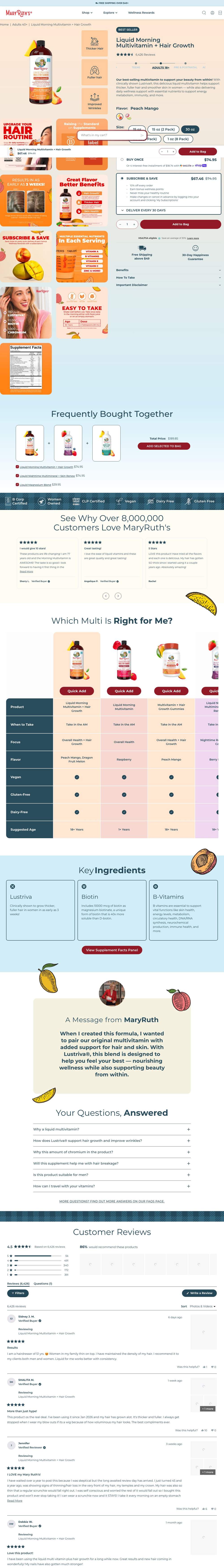 MaryRuth Organics landing page: Liquid Morning Multivitamin + Hair Growth