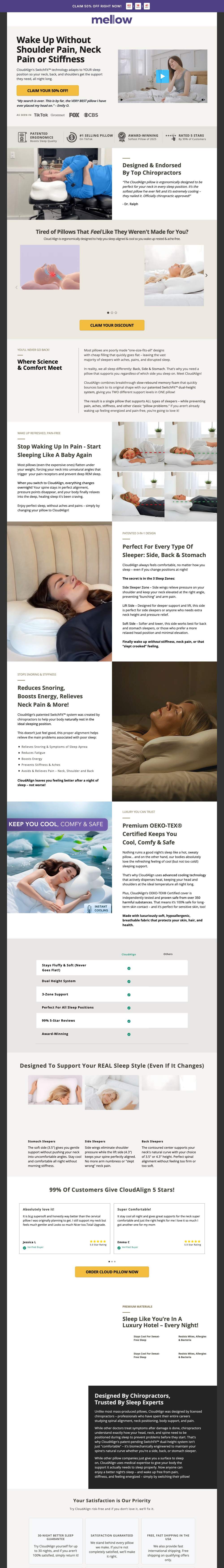 Mellow Sleep landing page: Wake Up Without Shoulder Pain, Neck Pain or Stiffness