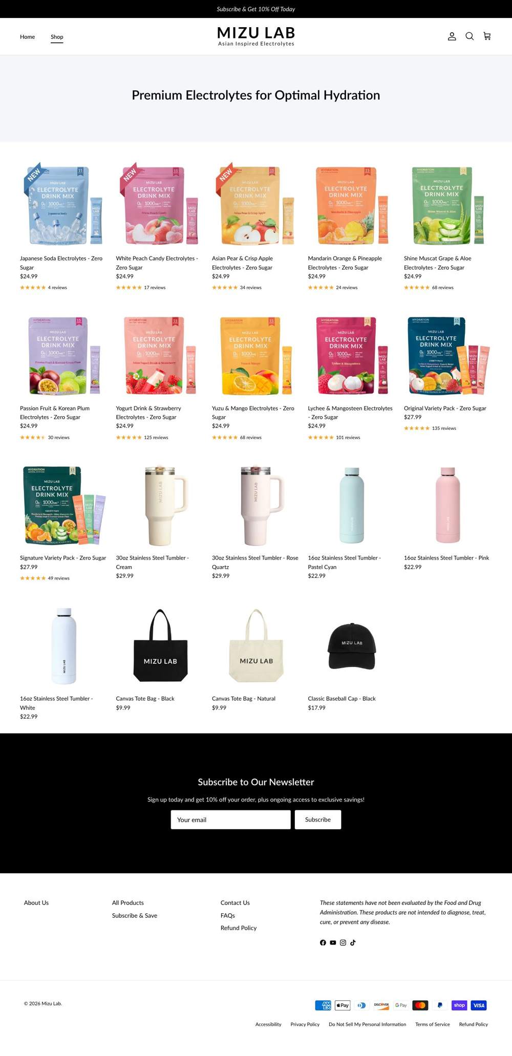 Mizu Lab Hydration Drink Mix landing page: Premium Electrolytes for Optimal Hydration