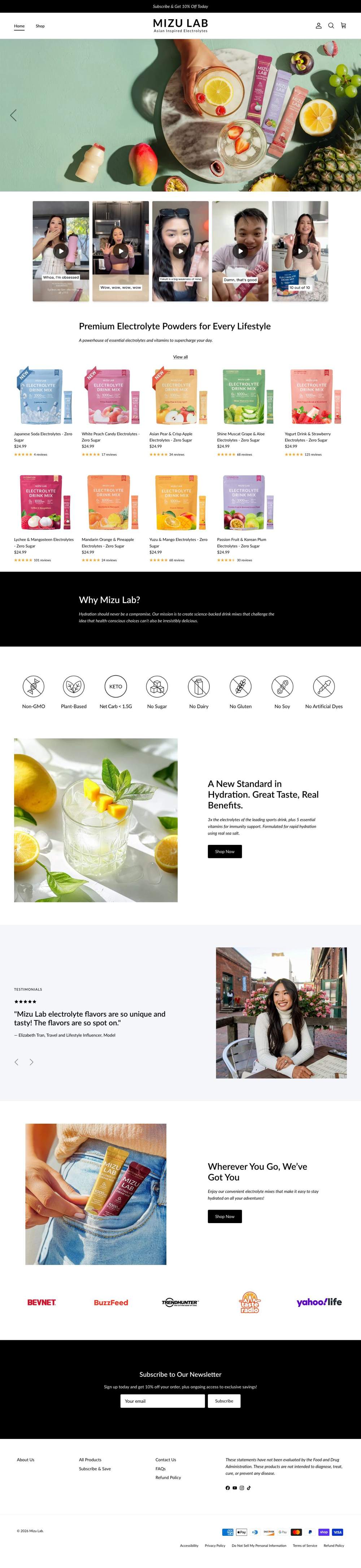 Mizu Lab Hydration Drink Mix landing page: Zero Sugar Electrolytes with Real Sea Salt