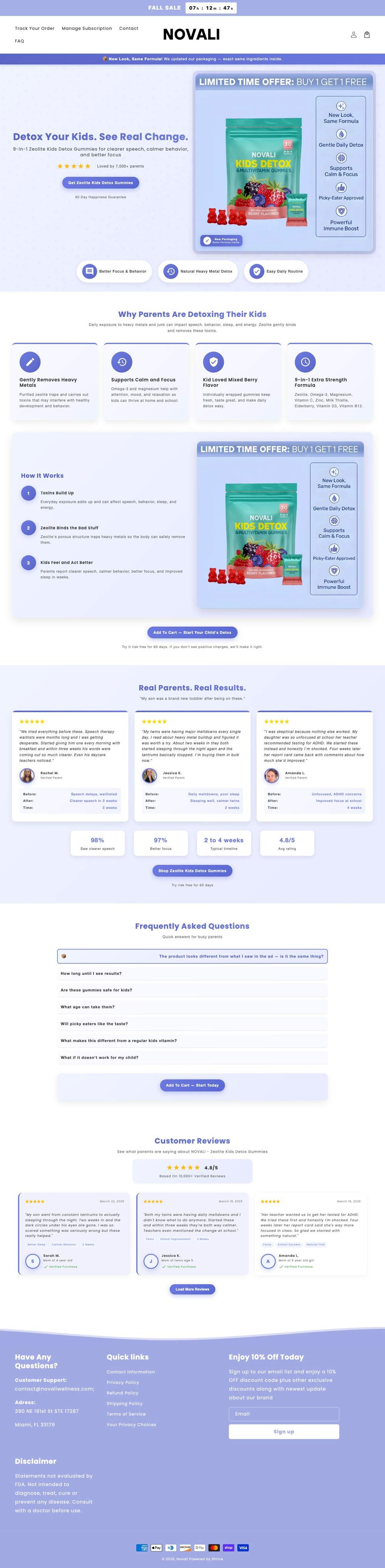 Novali Health landing page: Detox Your Kids. See Real Change.