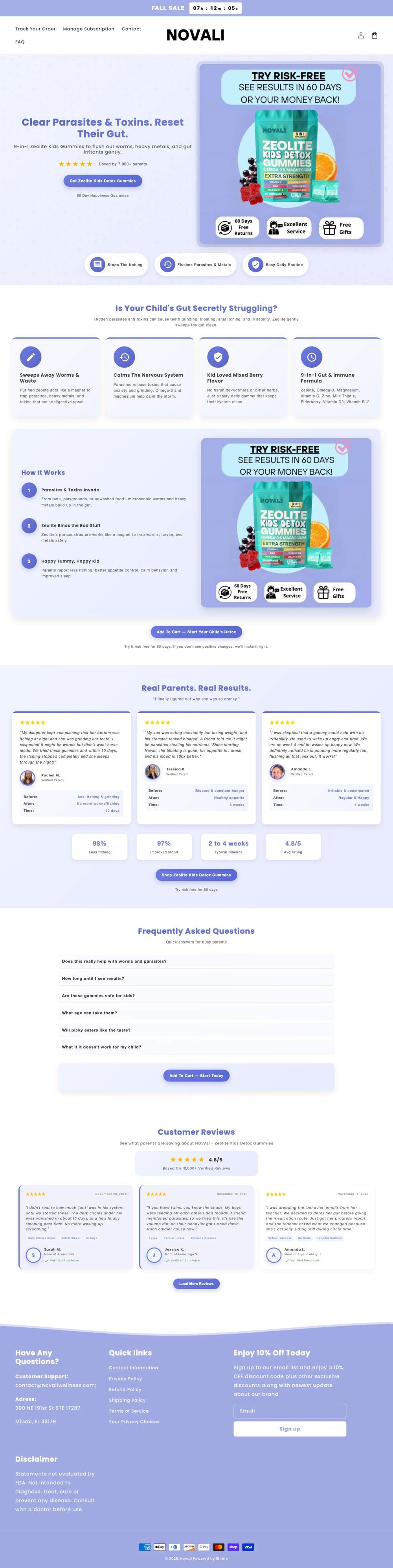 Novali Health landing page: Clear Parasites & Toxins. Reset Their Gut.