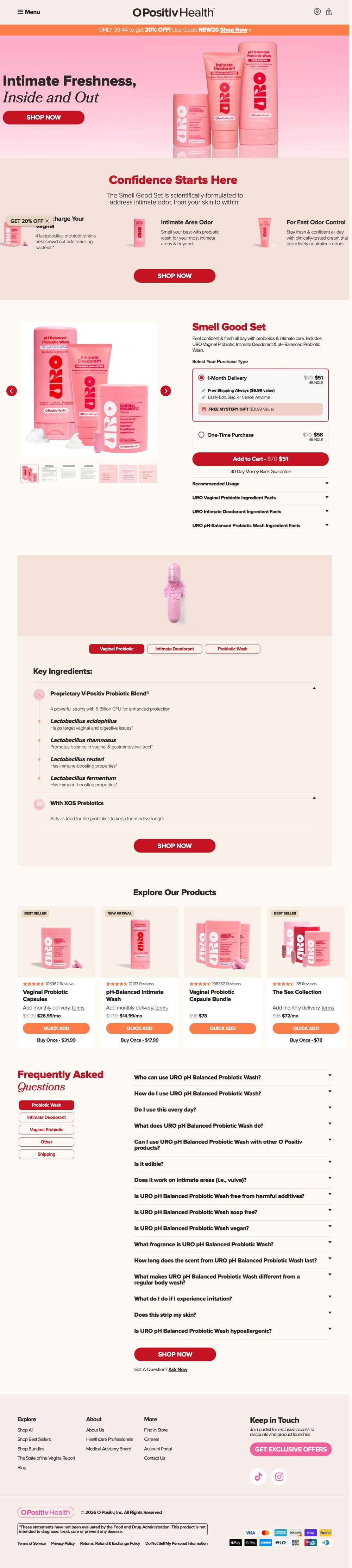 O Positiv landing page: Intimate Freshness, Inside and Out