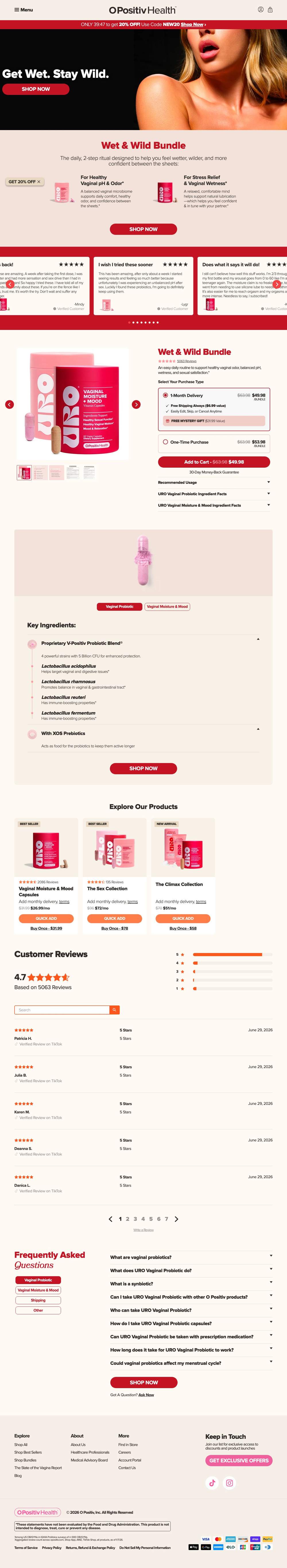 O Positiv landing page: Get Wet. Stay Wild.