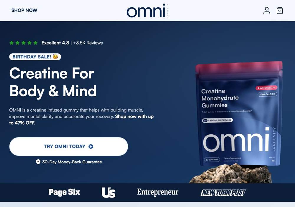 Omni Creatine landing page: Creatine For Body & Mind