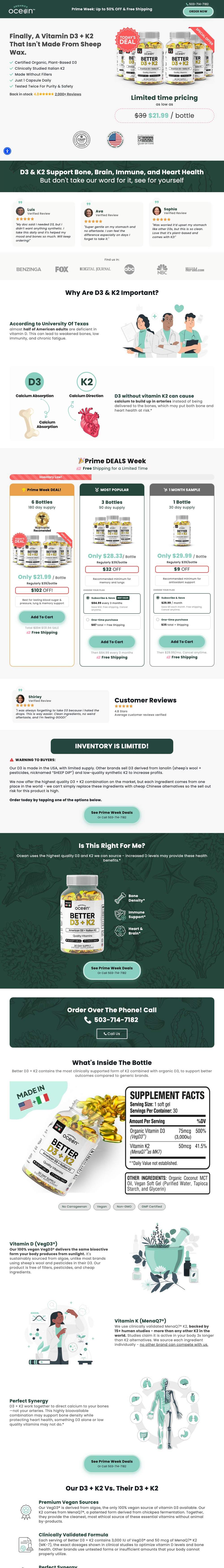 Organics Ocean landing page: Finally, A Vitamin D3 + K2 That Isn't Made From Sheep Wax.