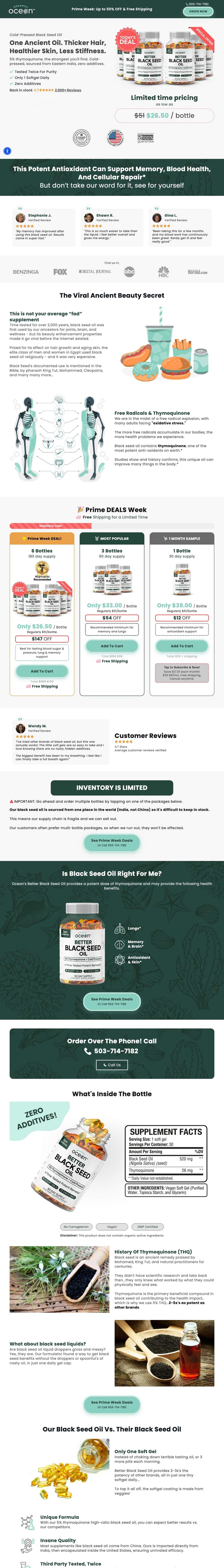 Organics Ocean landing page: One Ancient Oil. Thicker Hair, Healthier Skin, Less Stiffness.