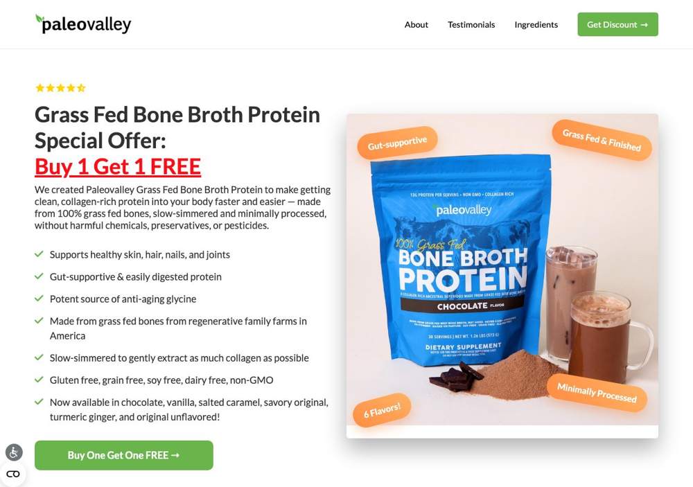 Paleovalley landing page: Grass Fed Bone Broth Protein Special Offer: Buy 1 Get 1 FREE