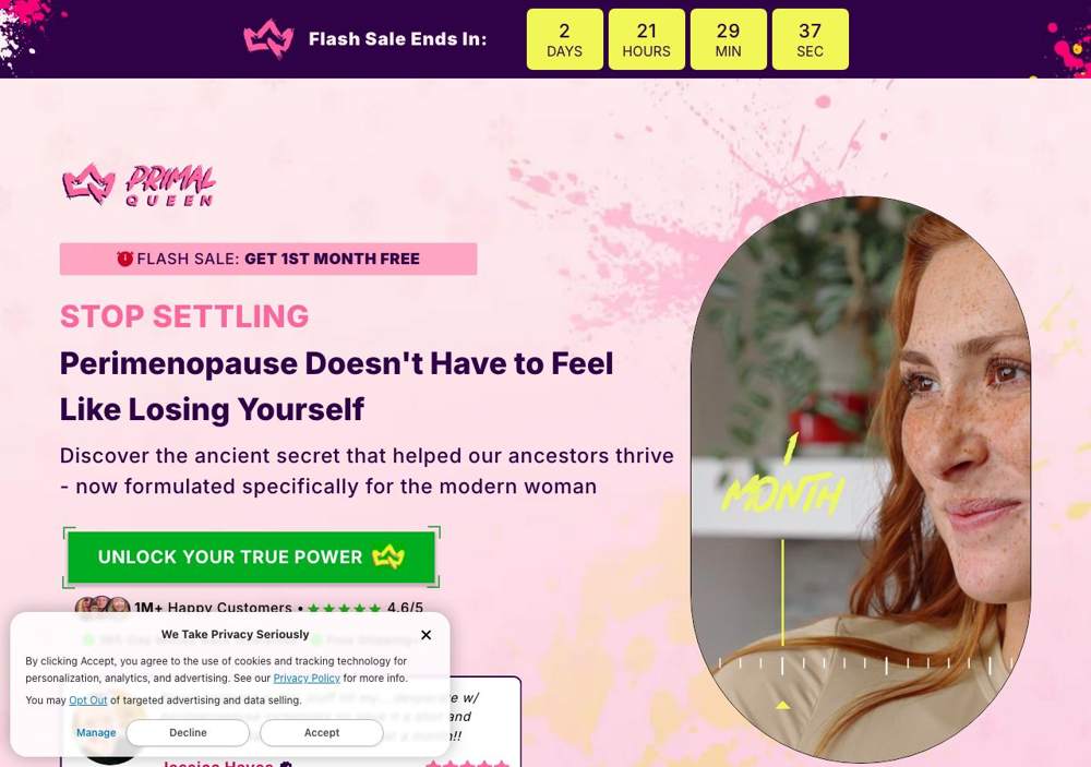 Primal Queen landing page: STOP SETTLING Perimenopause Doesn't Have to Feel Like Losing Yourself