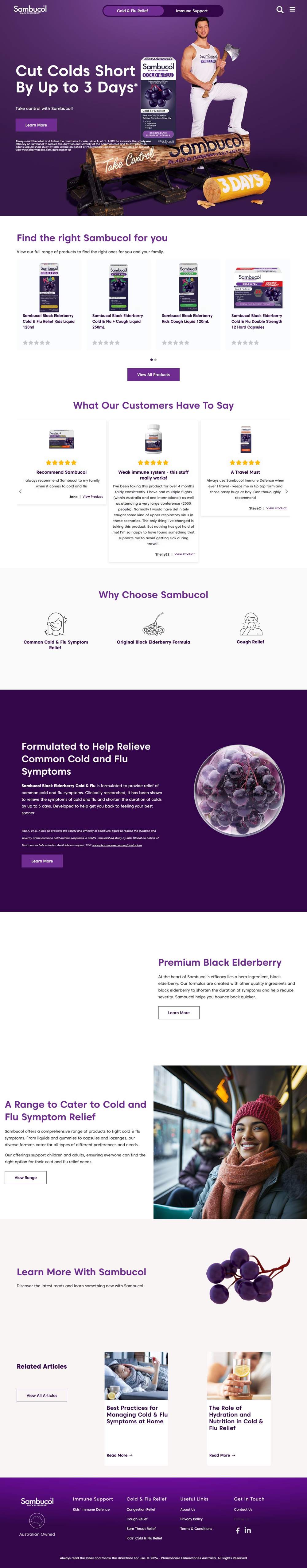 Sambucol Australia landing page: Cut Colds Short By Up to 3 Days*