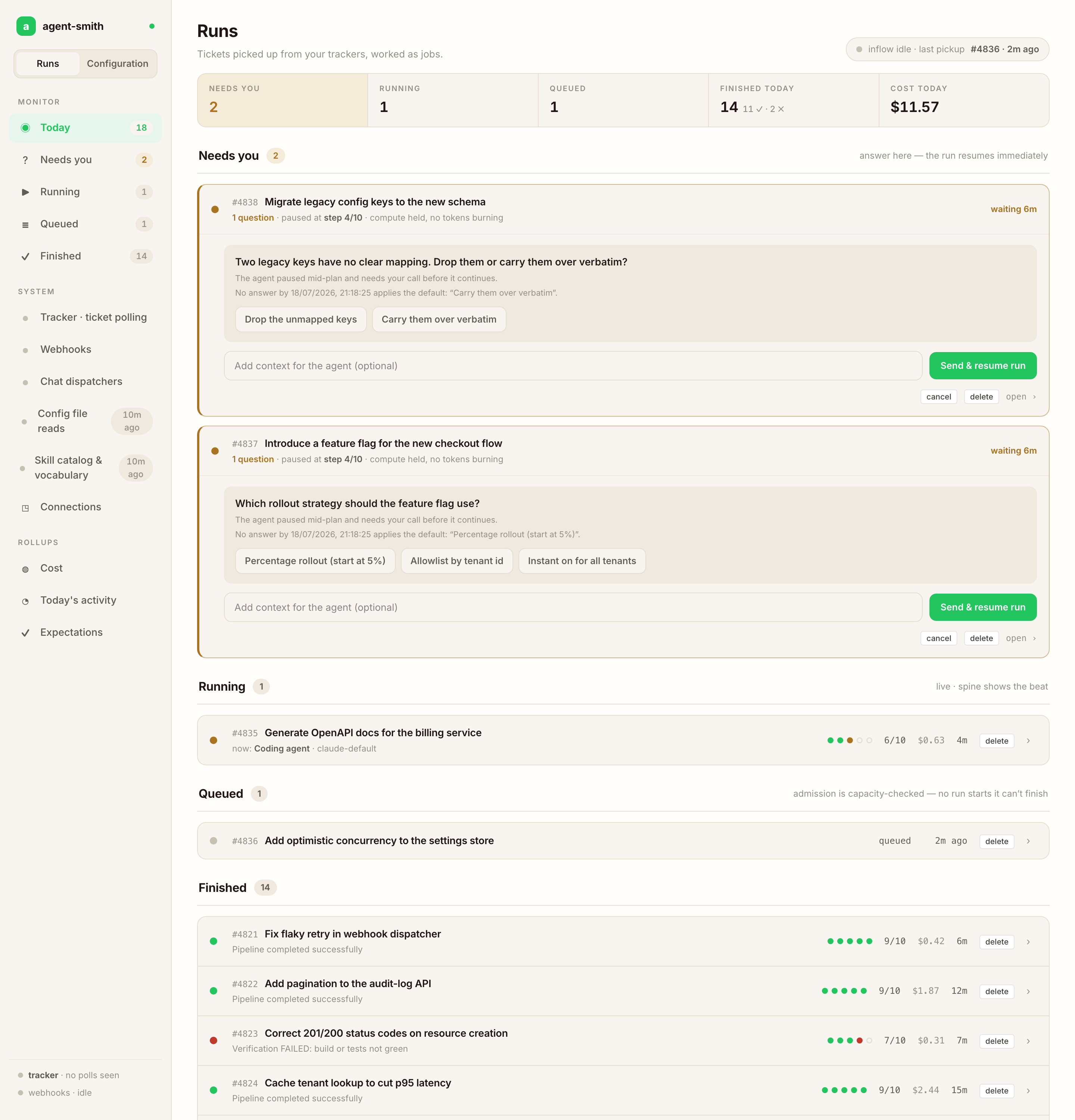 Agent Smith dashboard — runs overview