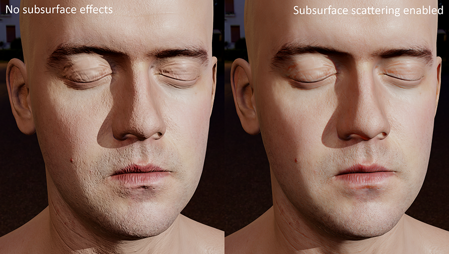 Comparison of rendering a human face with and without subsurface scattering (Larger version)