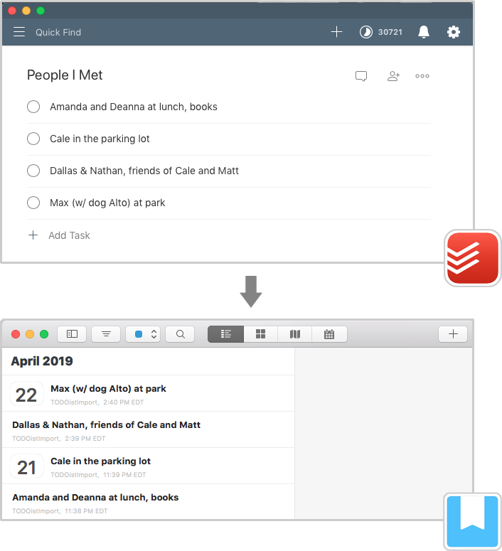 screenshot of TODOist app and DayOne app before and after migration