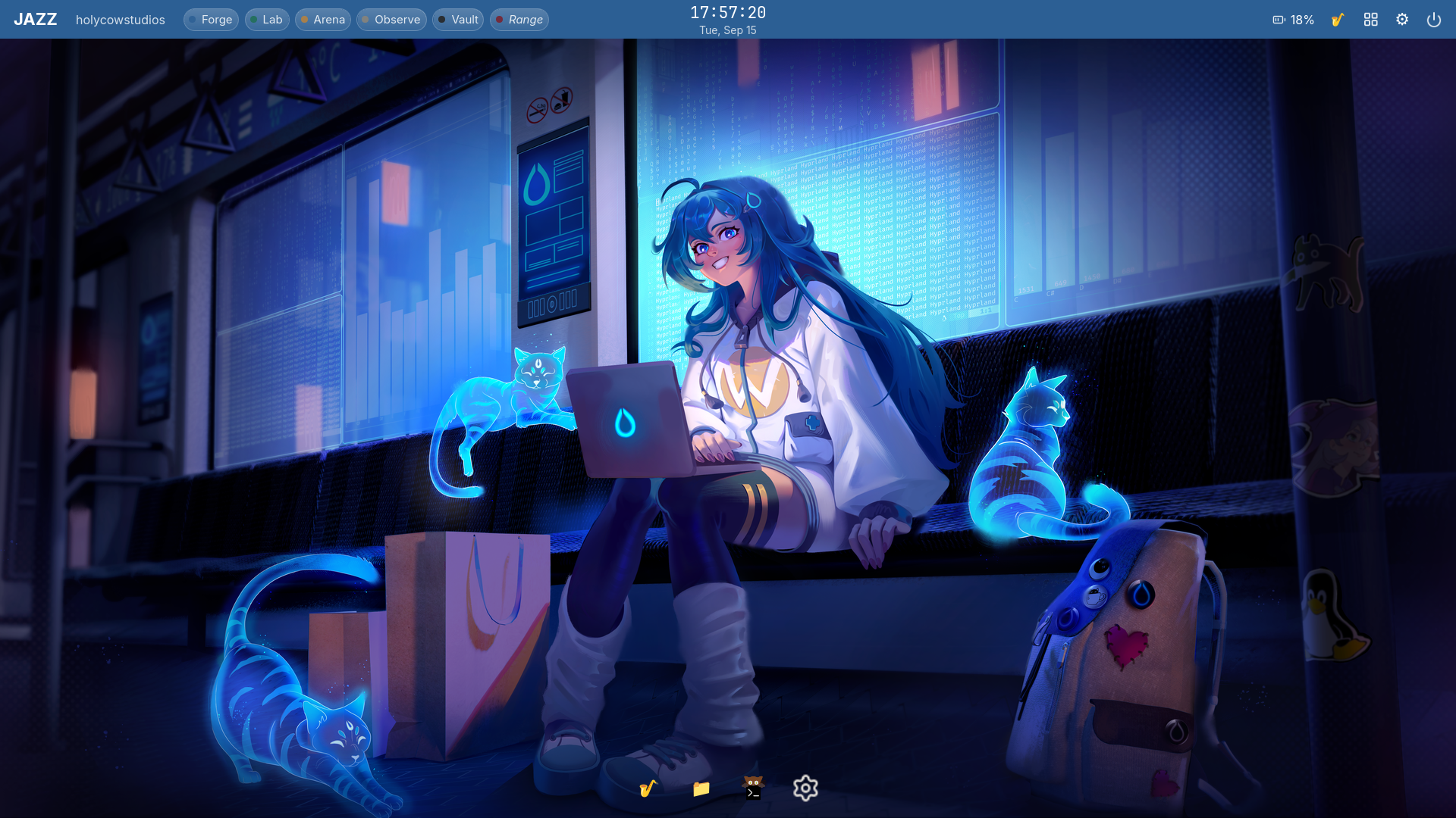 JAZZ desktop - the Sapphire theme, gemstone workspace colors, and the dock