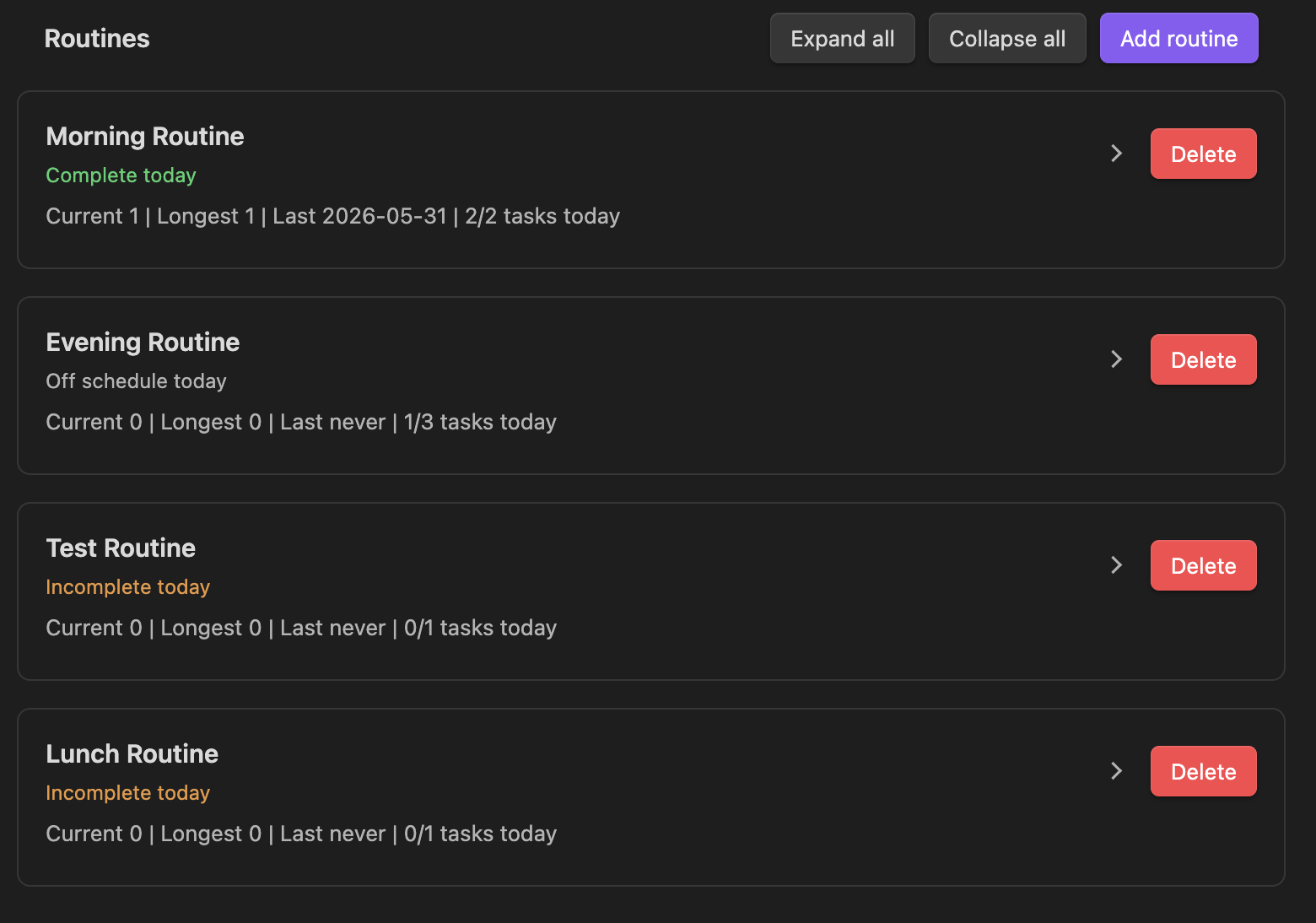 Collapsed routine list in settings