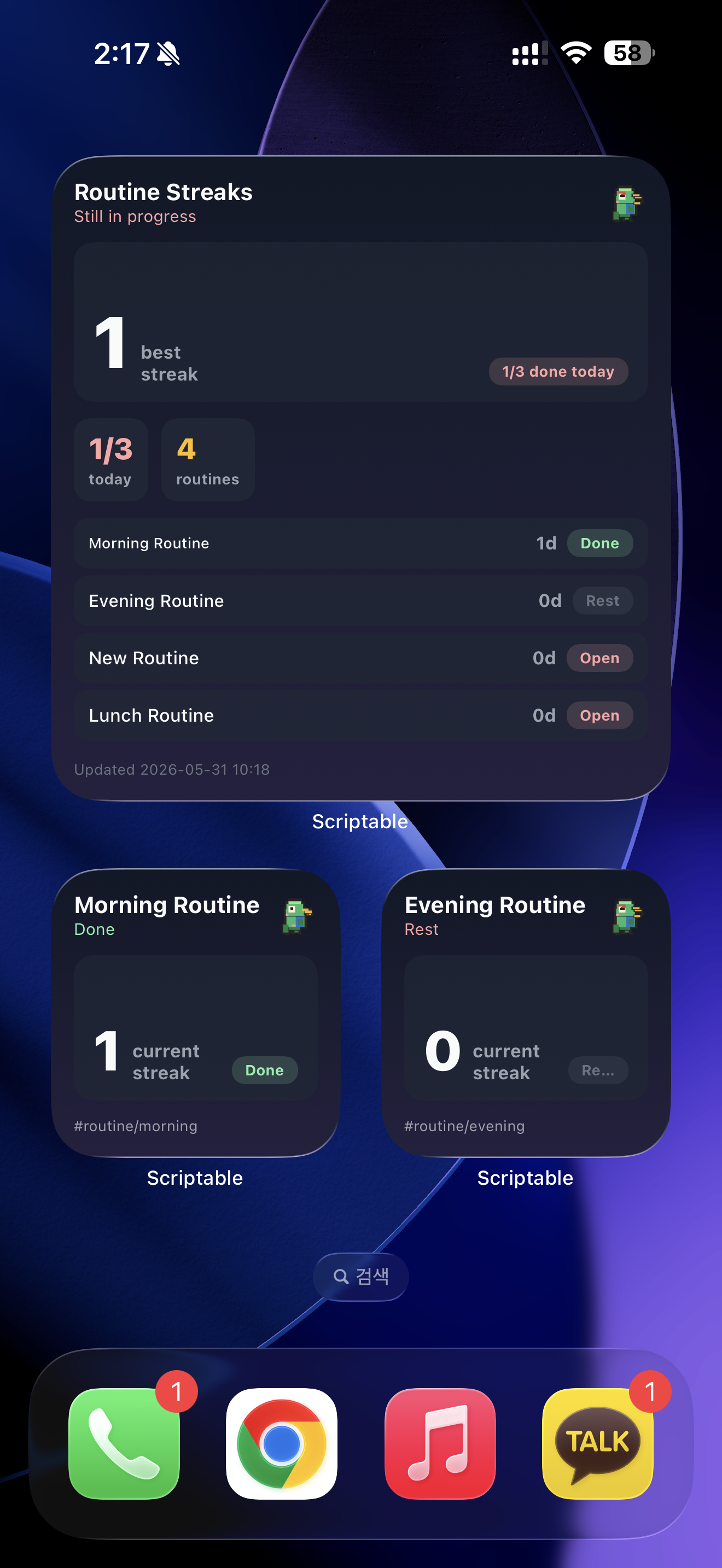 Routine Streaks Scriptable widgets on an iPhone home screen