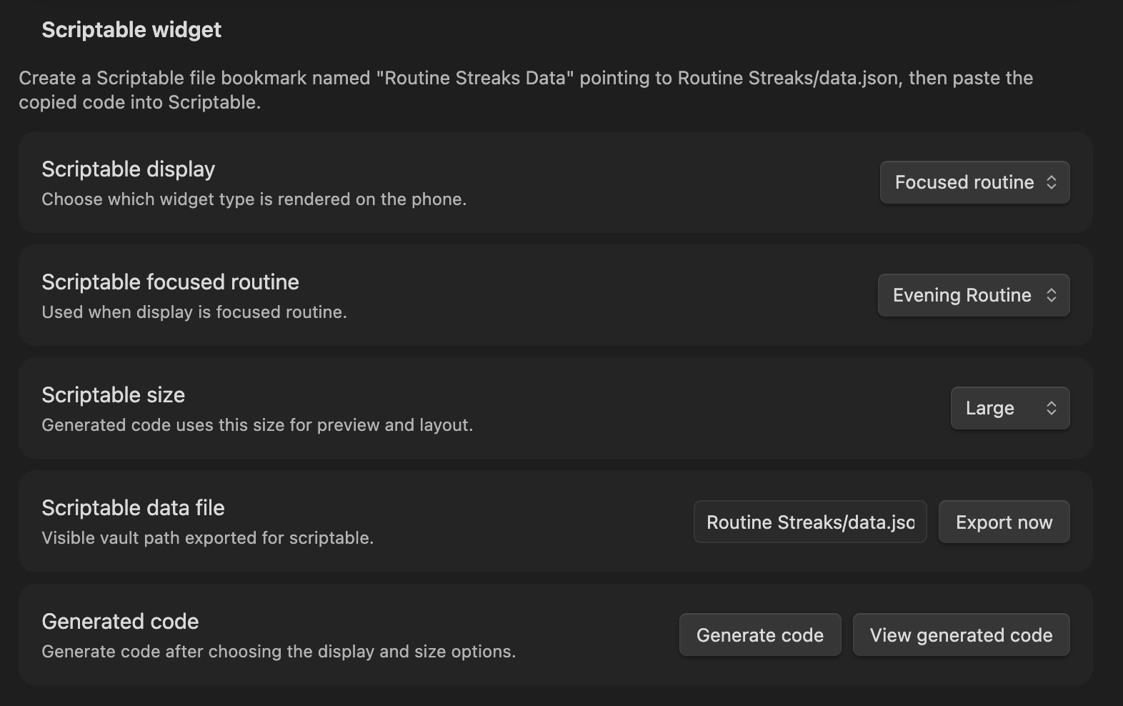 Scriptable widget generator settings