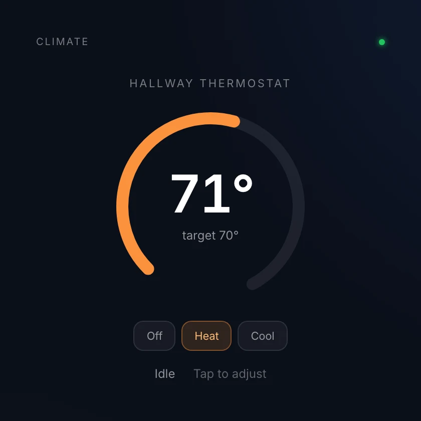 Climate view with a temperature arc and mode buttons