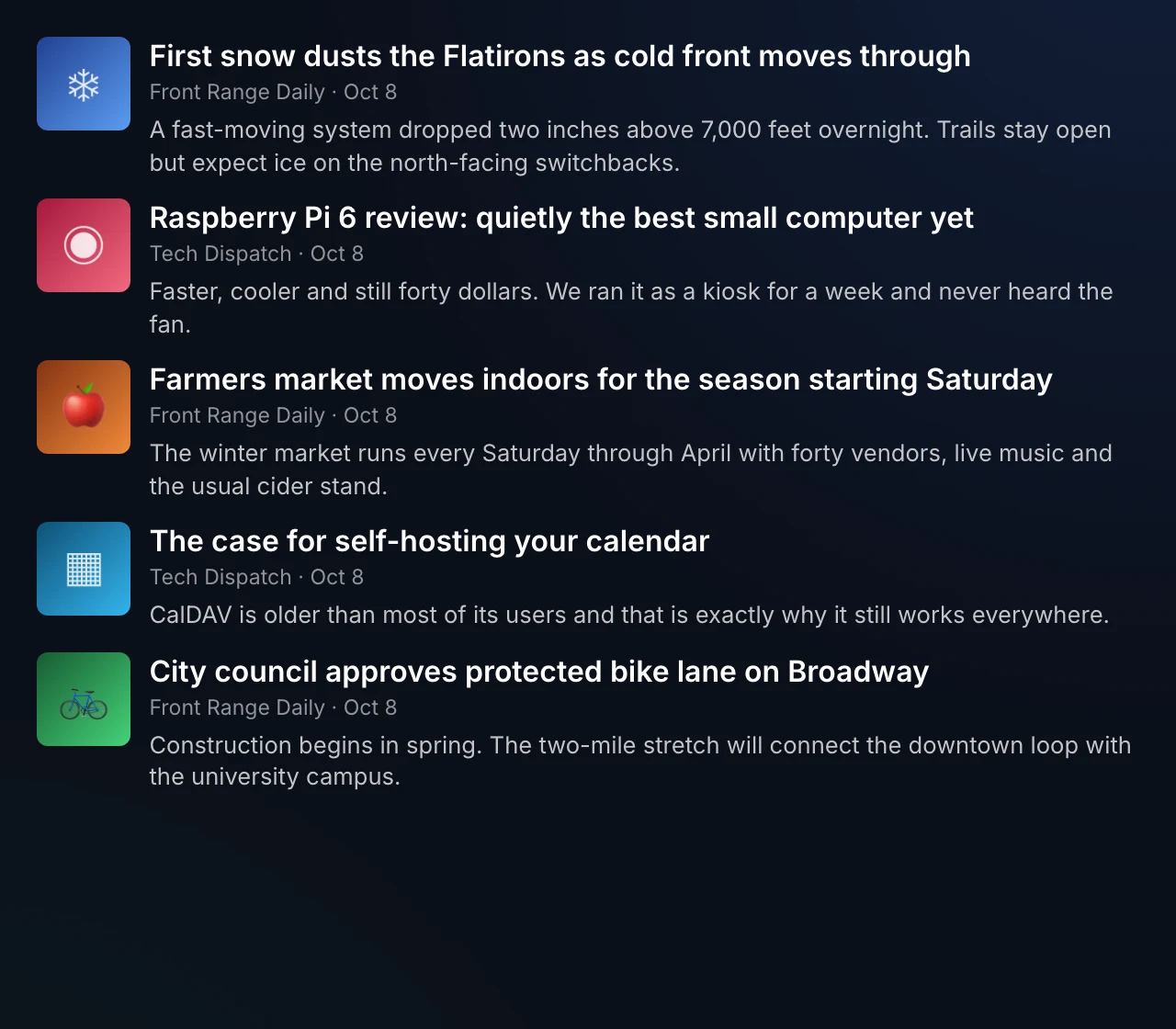 List view: headlines from two feeds with thumbnails, source, age and a two-line description