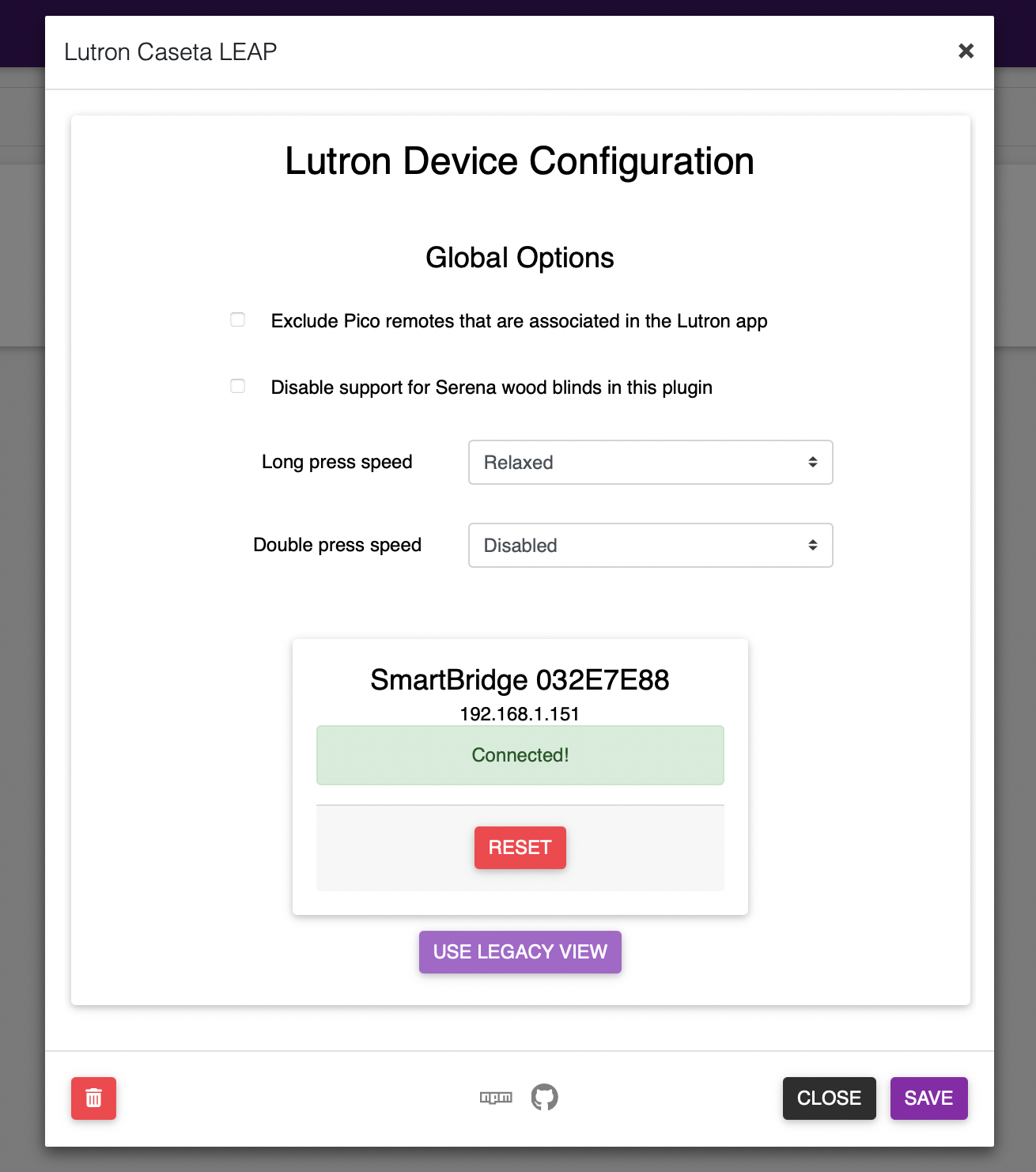 npm.io view of a single successfully-connected bridge