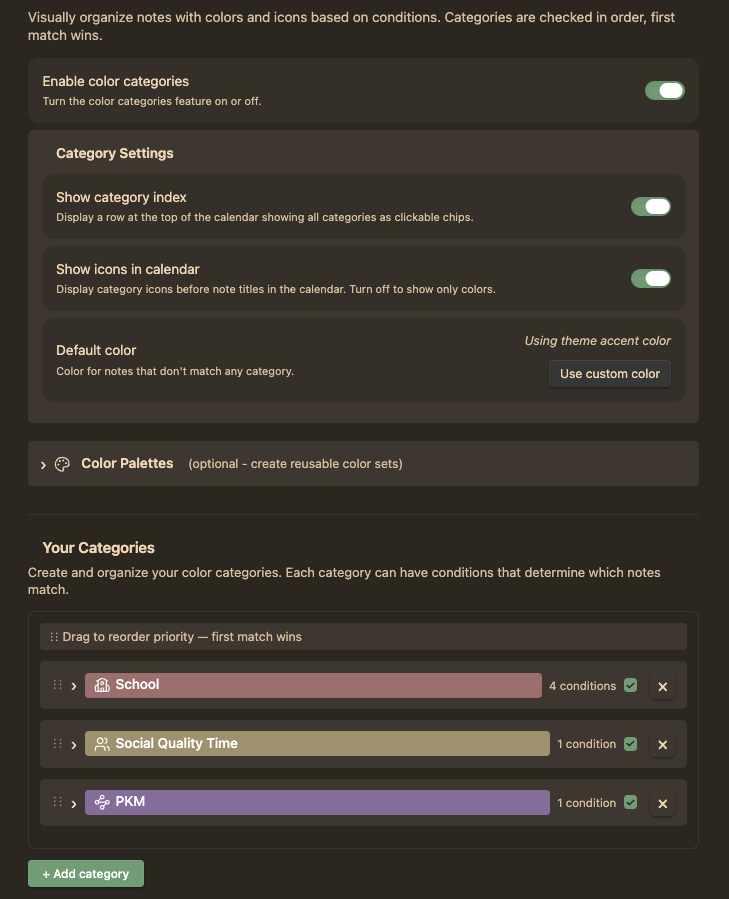 Settings Color Categories Screenshot