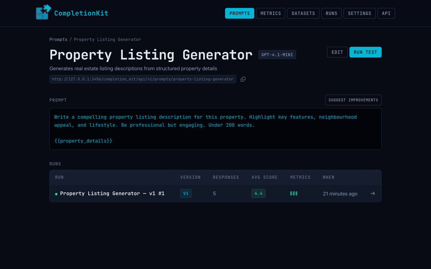 Prompt detail with metrics and rubrics