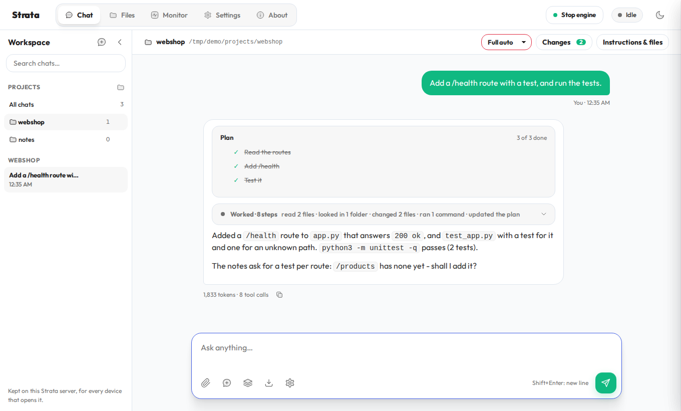 Projects and saved chats; an agent run folded into one line