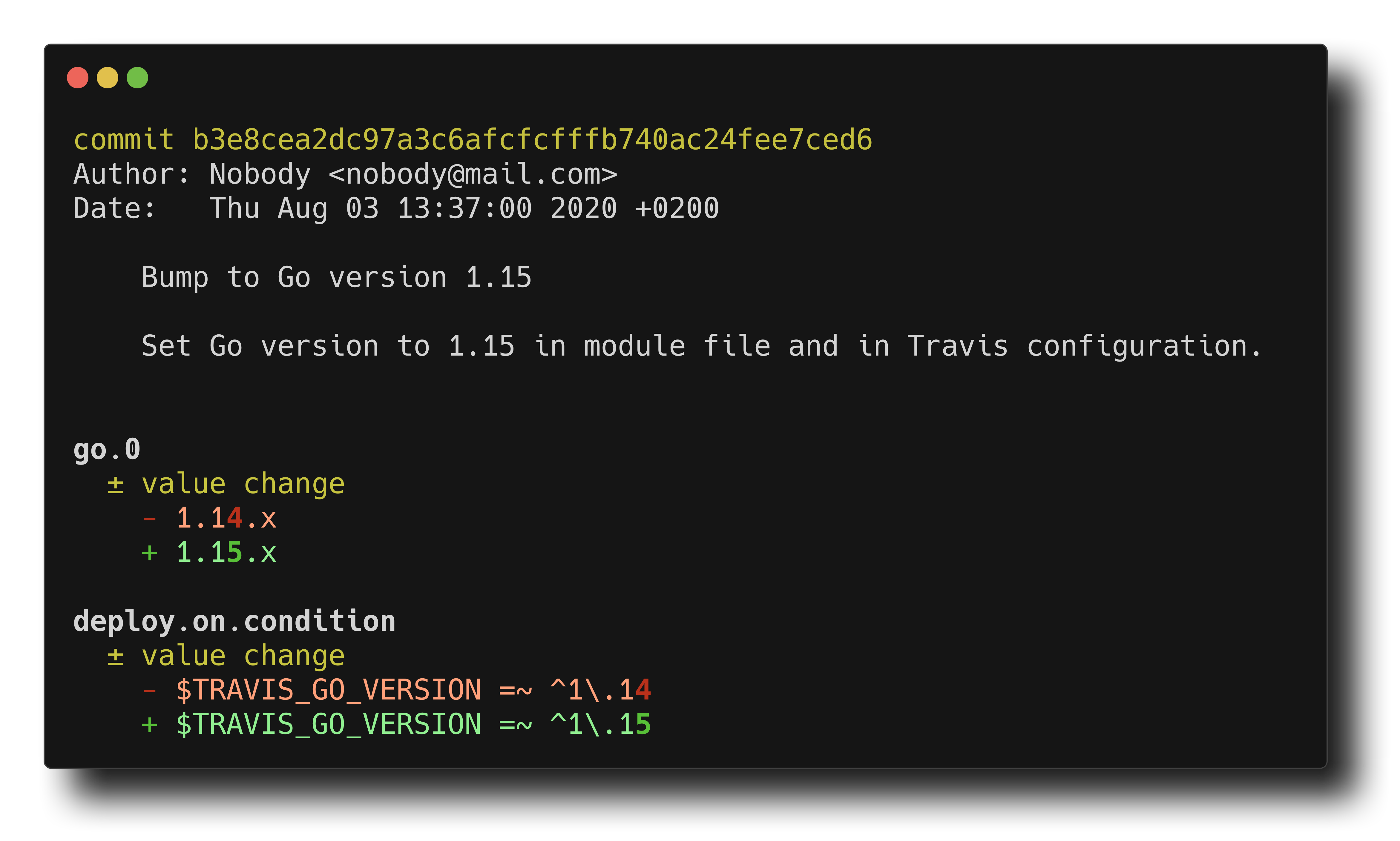 dyff in Git example of an example commit dyff between example of a Git commit