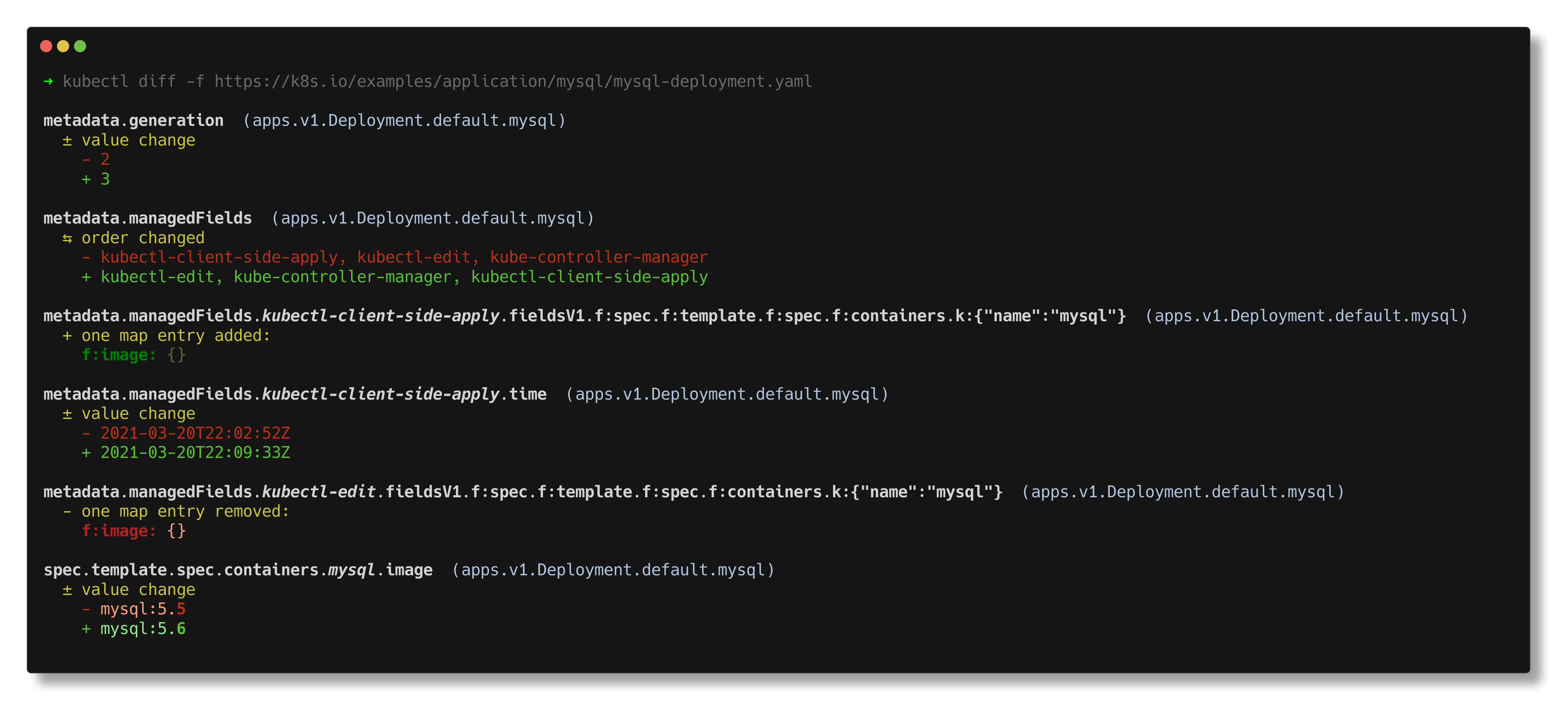 dyff in kubectl diff example dyff between example with kubectl diff