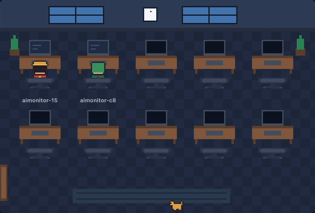 The Office view: AI agents walk in, sit down at a desk to work, and leave when their session ends