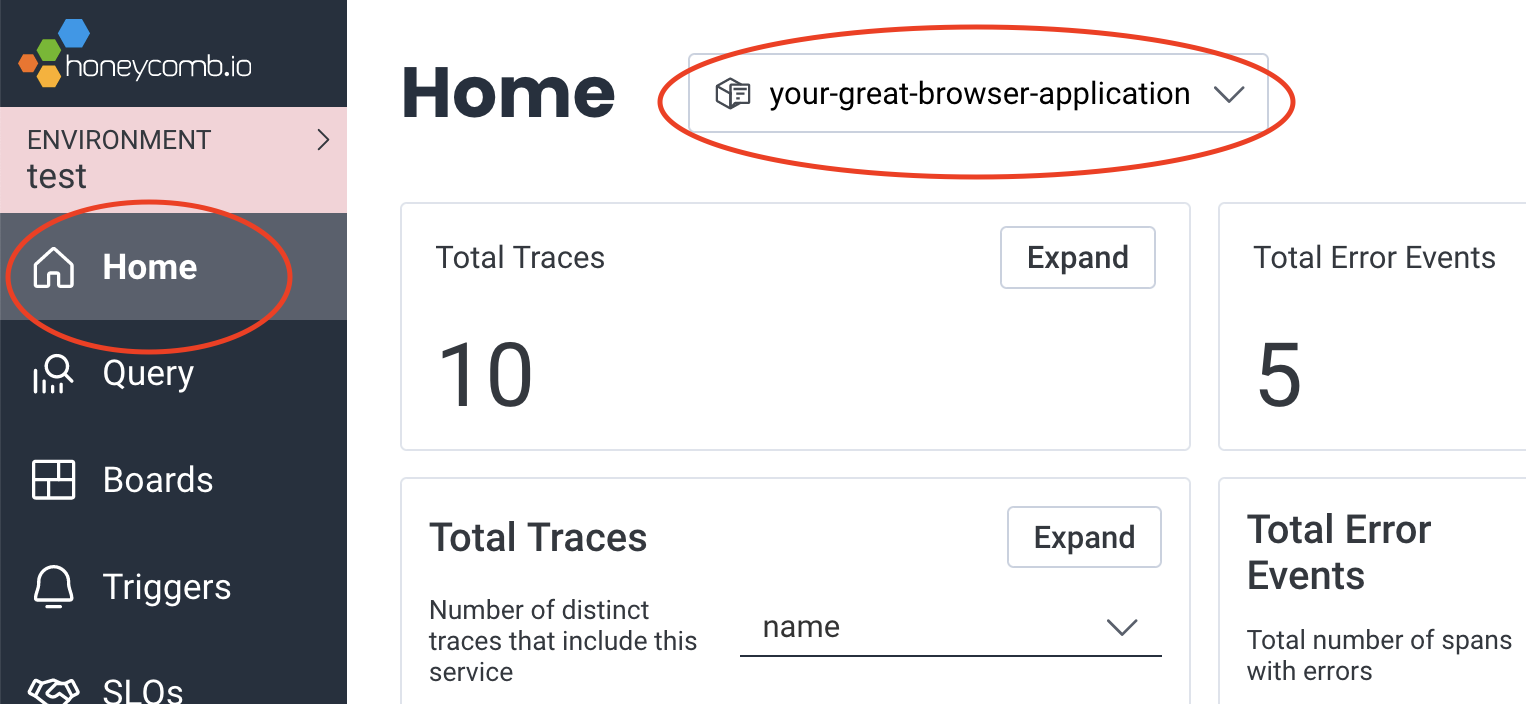 Honeycomb screen, with "Home" circled on the left, and the dropdown circled at the top.