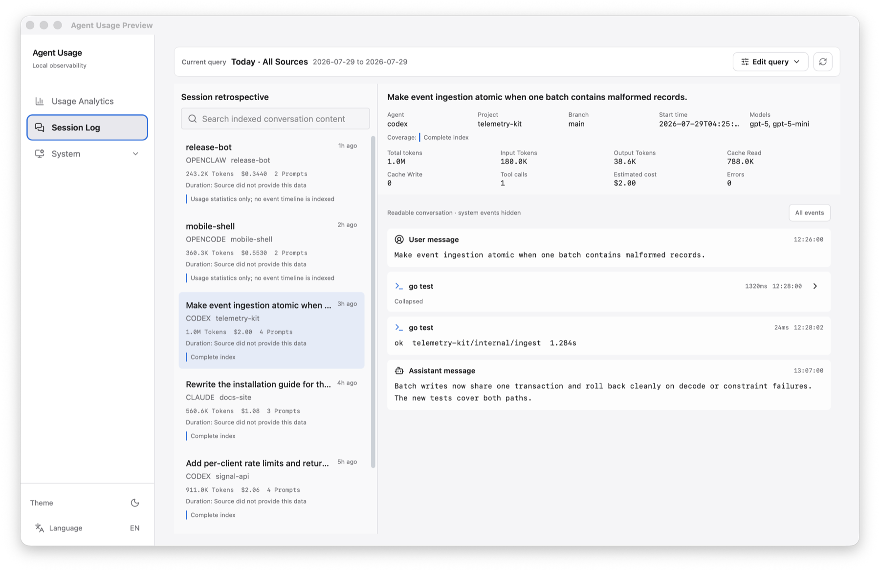 Agent Usage session retrospective with search, timeline, and event details