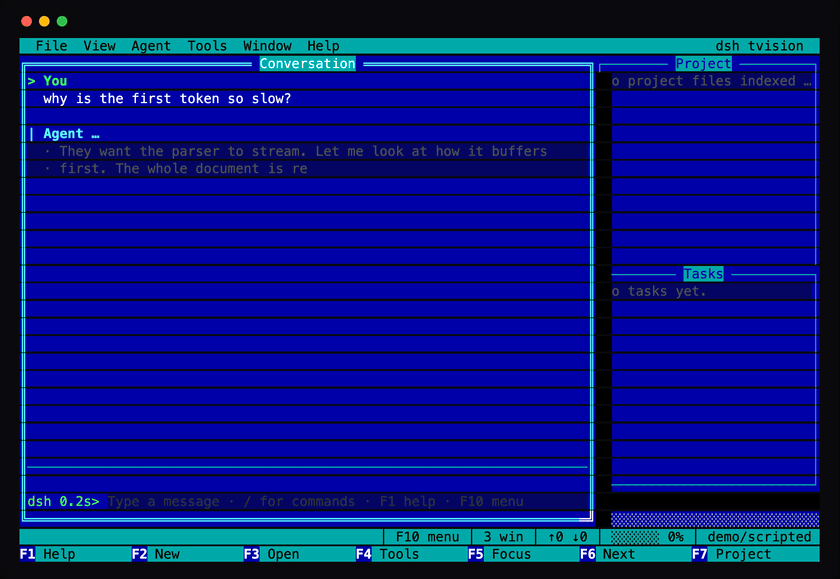 tvision in motion — the menu bar, an agent turn, and all five skins