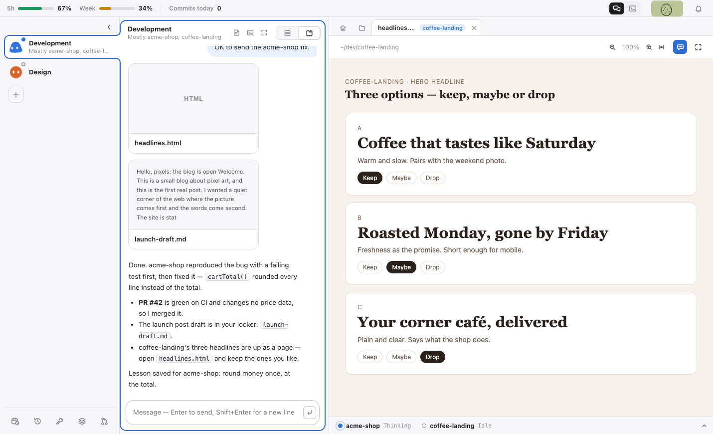 A design review next to the chat: three headline options