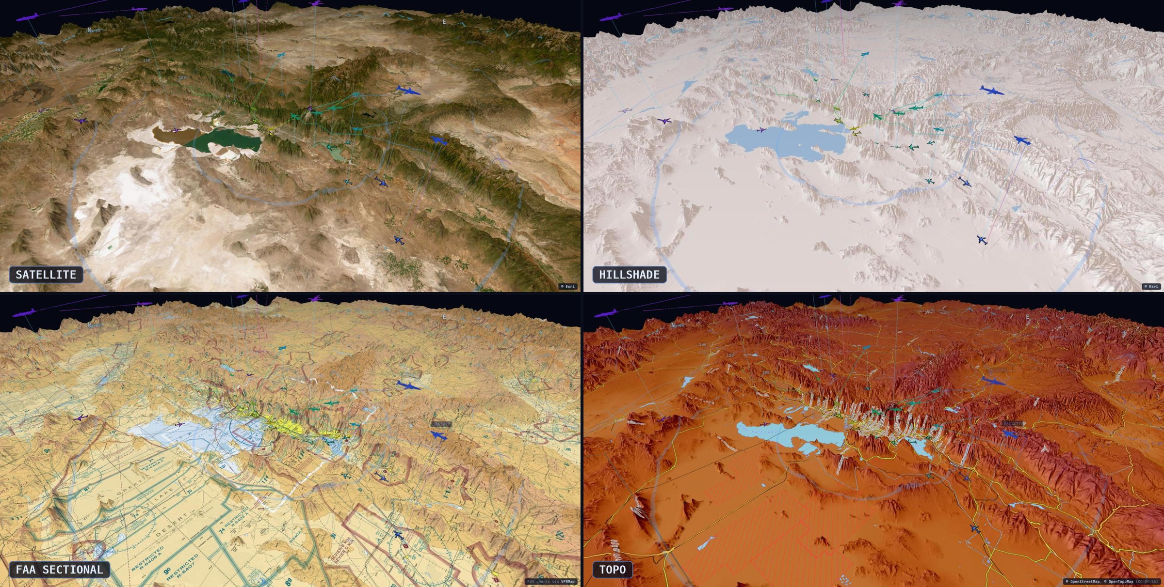 The same view on four basemaps: satellite, hillshade, FAA sectional, and topo