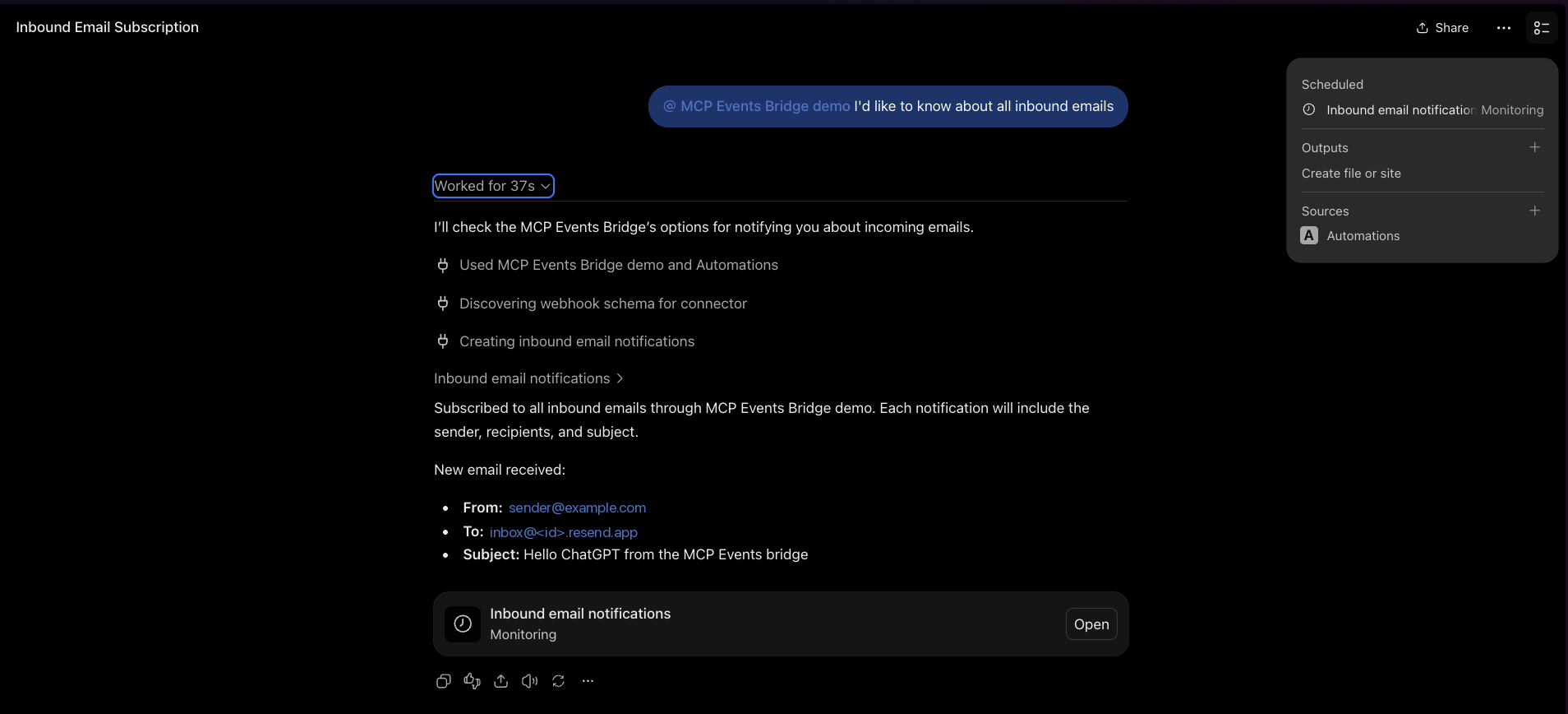 ChatGPT, subscribed through the bridge, reporting "New email received" with the sender, the recipient and the subject "Hello ChatGPT from the MCP Events bridge"