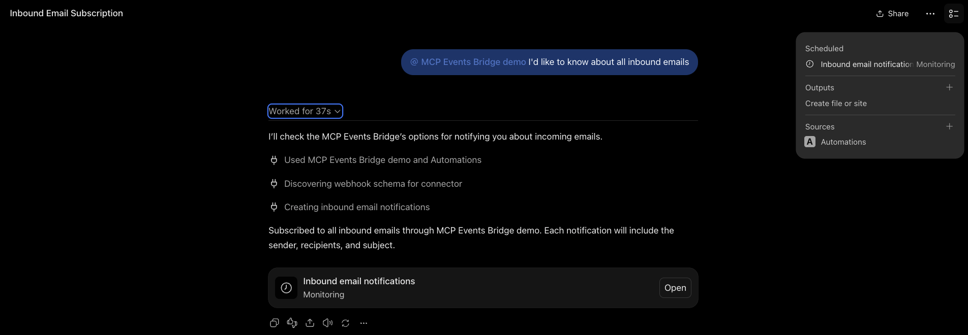 A ChatGPT Work chat: asked to be told about all inbound emails, ChatGPT subscribes through the MCP Events bridge and shows an "Inbound email notifications" task that is Monitoring