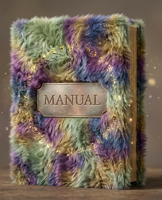 A fuzzy, glowing book labeled MANUAL