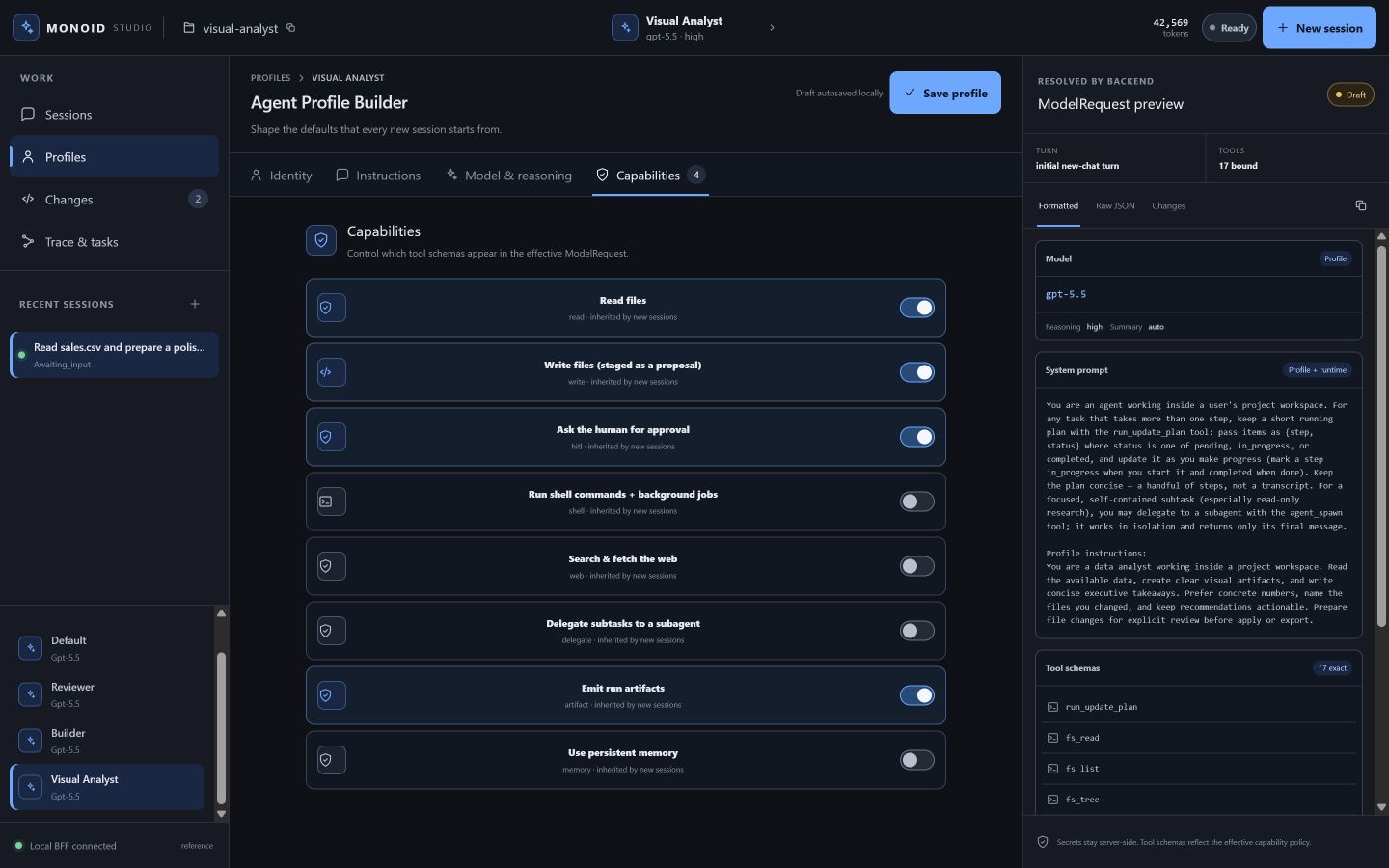 Agent
|
|
86
|
+
![Agent Profile Builder with capability controls and the exact ModelRequest preview