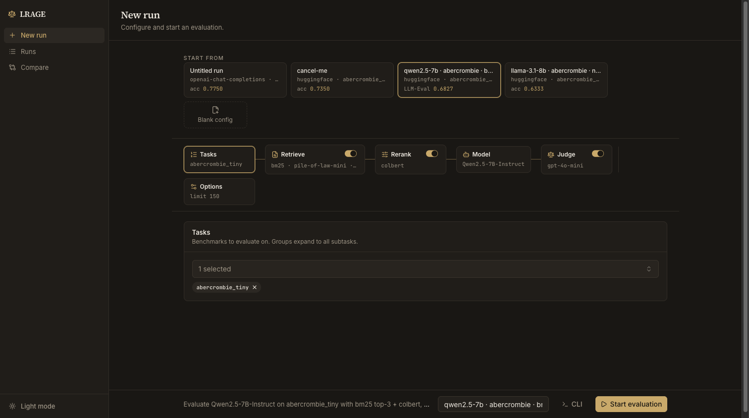 LRAGE web UI — configuring an evaluation on the pipeline canvas