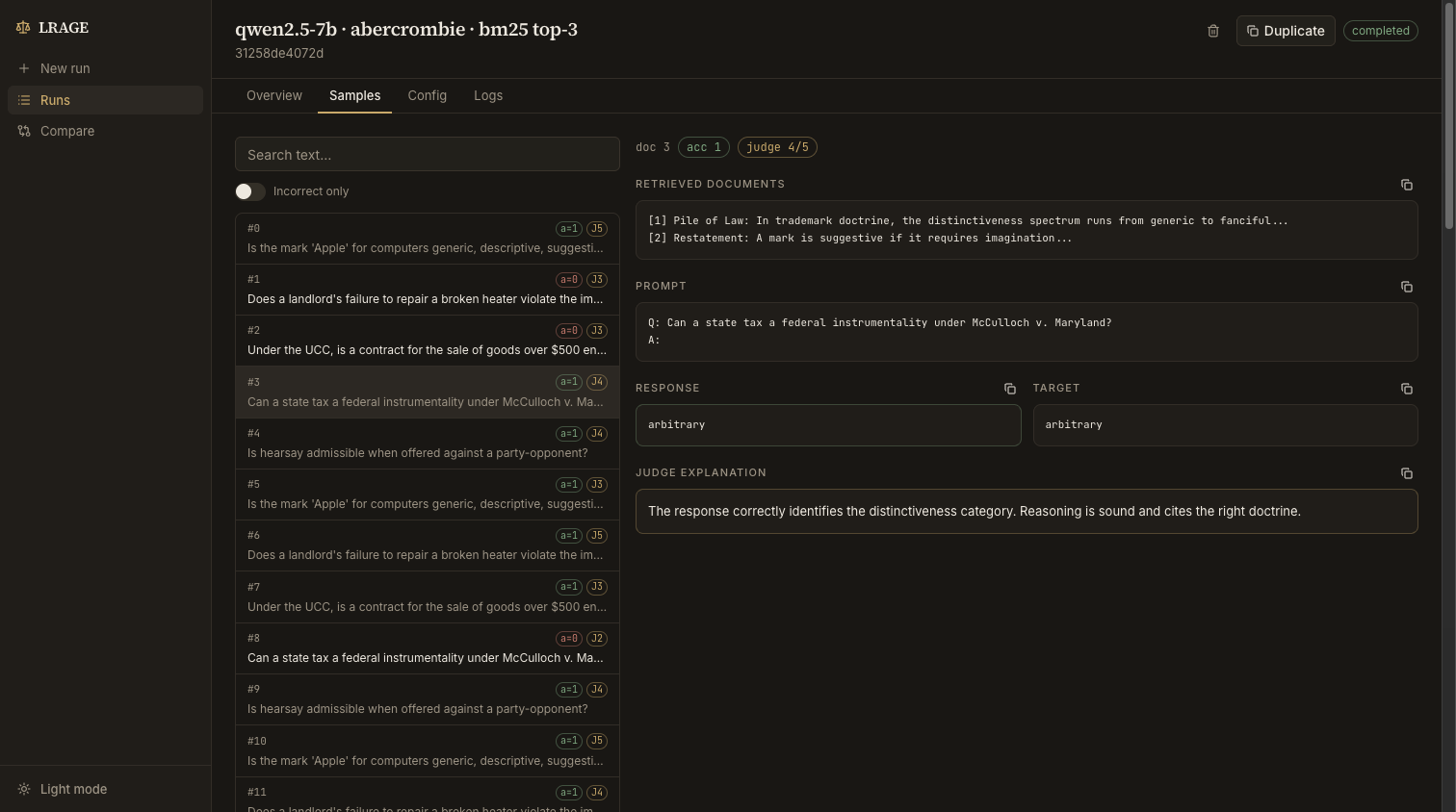 LRAGE web UI — per-sample inspection with judge output