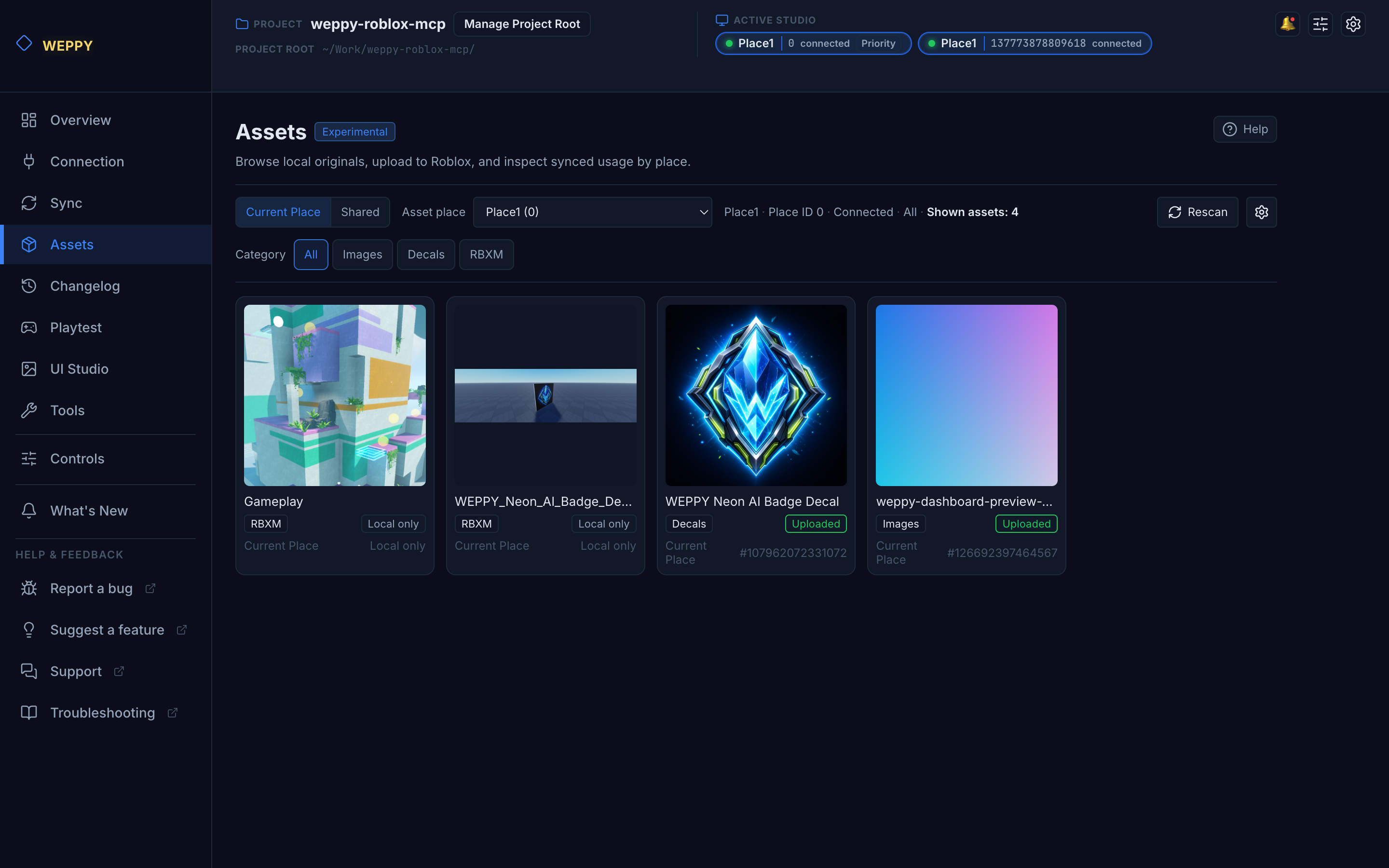 WEPPY Dashboard Assets - local Asset Library items and Roblox upload status