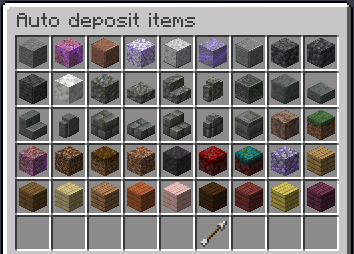 Auto-deposit GUI - Double Chest UI with title "Auto-deposit items", containing many items with some of them enchanted, and one button at the bottom