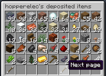 Inventory GUI - Double chest with title "hopperelec's deposited items" and with two buttons on the bottom, one named "Next page"