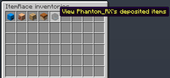 Players GUI - Double chest with title "ItemRace inventories" containing player skulls, one named "View Phantom_RX's deposited items"